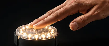 A hand touching the ReflexPod, lit up, to trigger a physical reaction