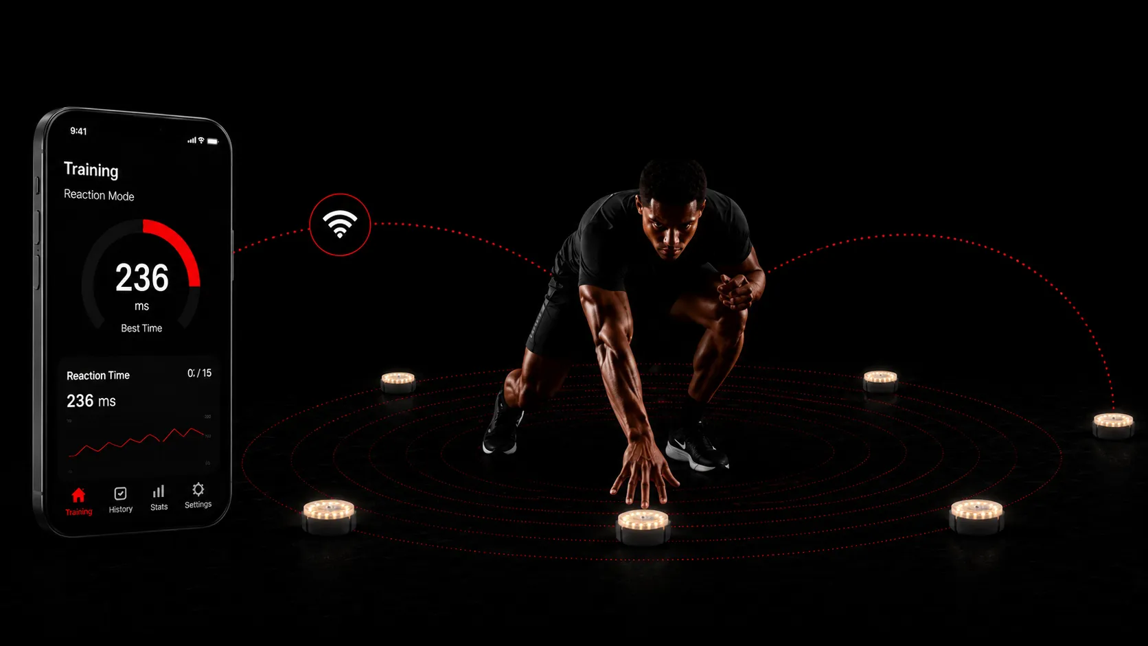 Mobile app showing reaction training results next to an athlete in sprint start position surrounded by connected training pods
