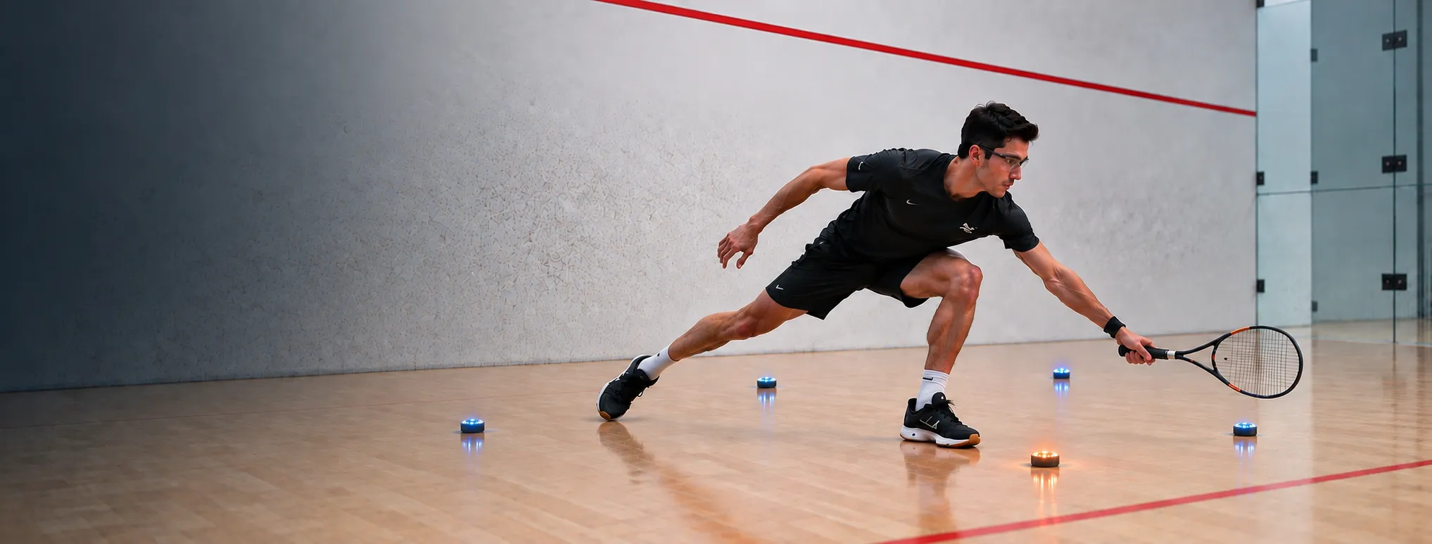 Squash athlete training with ReflexPod reaction pods