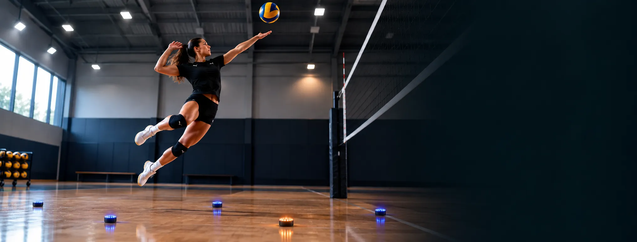 Volleyball athlete jumping to attack during reaction training